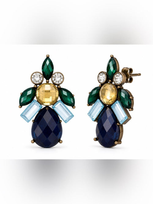 Bronze Statement Earrings Blue Green Crystal Gem Drop 1.5” - Sable & Red
