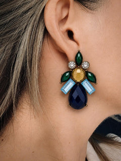 Bronze Statement Earrings Blue Green Crystal Gem Drop 1.5” - Sable & Red