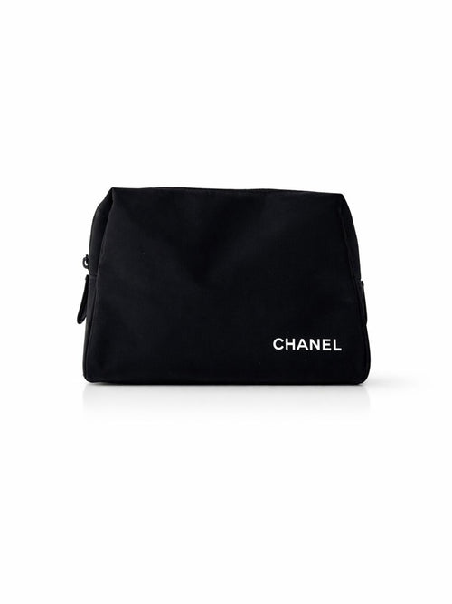 CHANEL Black & White Nylon Travel Pouch Beauty Cosmetic Bag Clutch Authentic