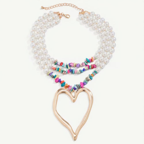 Multi-Strand Boho Pearl & Bead Necklace with Gold Heart Pendant