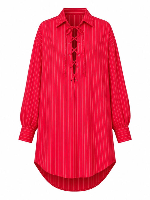Red Pinstripe Lace-Up Oversized Shirt Dress Size XS