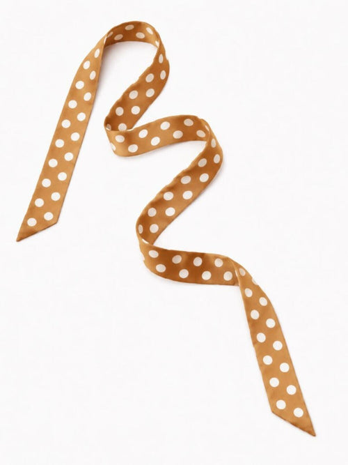 Caramel Polka Dot Satin Skinny Scarf Hair Bag Neck Accessory - Sable & Red