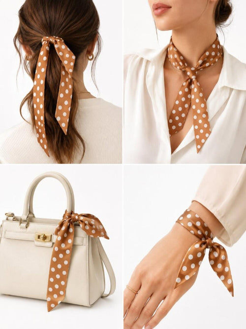 Caramel Polka Dot Satin Skinny Scarf Hair Bag Neck Accessory - Sable & Red