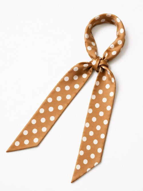 Caramel Polka Dot Satin Skinny Scarf Hair Bag Neck Accessory - Sable & Red