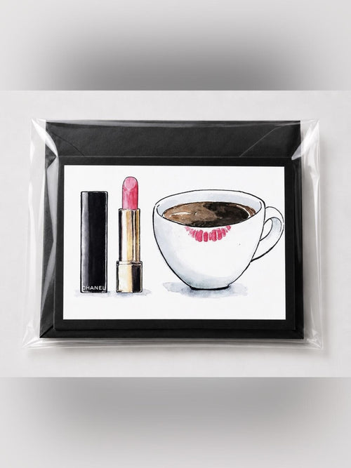 CHANEL Black Greeting Card with Pink Lipstick and White Coffee Cup Illustration - Sable & Red
