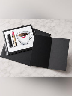 CHANEL Black Greeting Card with Pink Lipstick and White Coffee Cup Illustration - Sable & Red