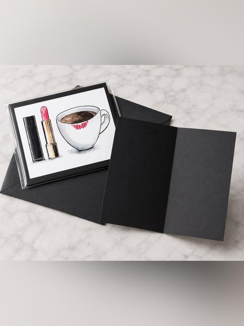 CHANEL Black Greeting Card with Pink Lipstick and White Coffee Cup Illustration - Sable & Red