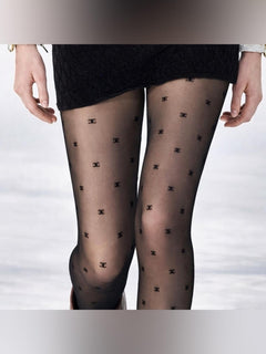 CHANEL CC Logo Runway Sheer Black Stockings Tights S/M Limited Edition Authentic - Sable & Red