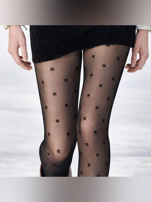 CHANEL CC Logo Runway Sheer Black Stockings Tights S/M Limited Edition Authentic - Sable & Red
