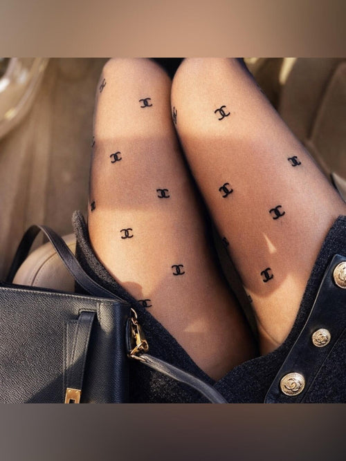CHANEL CC Logo Runway Sheer Black Stockings Tights S/M Limited Edition Authentic - Sable & Red