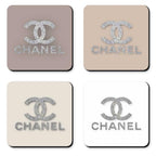CHANEL Glitter Logo Coasters in Neutral Nude Tones - Set of 4 Glossy Coasters - Sable & Red