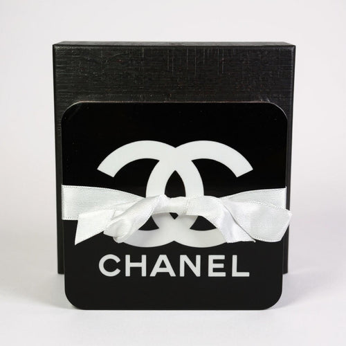 Chanel Logo Novelty Fashion Coaster Set - Set of 4 Glossy Coasters - Sable & Red