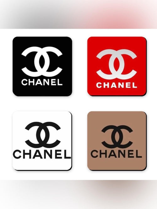 Chanel Logo Novelty Fashion Coaster Set - Set of 4 Glossy Coasters - Sable & Red