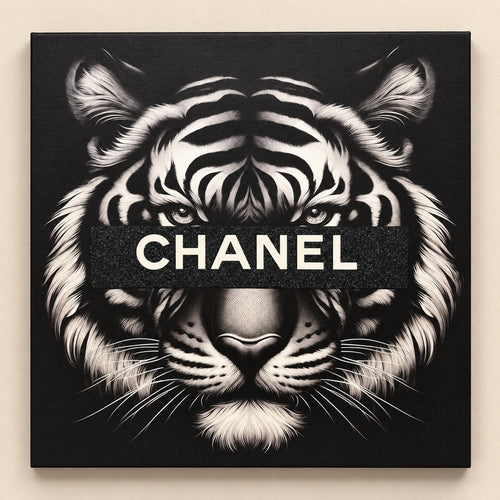 CHANEL Tiger Canvas Wall Art 18x18 Black White Fashion Home Decor - Sable & Red
