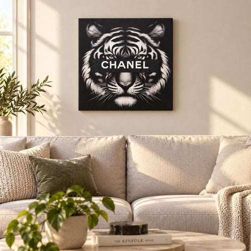 CHANEL Tiger Canvas Wall Art 18x18 Black White Fashion Home Decor - Sable & Red