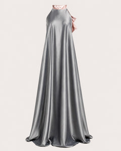 Charcoal High Neck Blush Bow Back Satin Formal Maxi Dress - Sable & Red