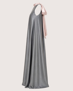 Charcoal High Neck Blush Bow Back Satin Formal Maxi Dress - Sable & Red