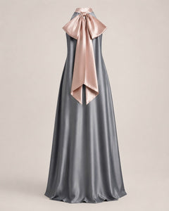Charcoal High Neck Blush Bow Back Satin Formal Maxi Dress - Sable & Red