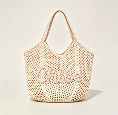 Chloe Crochet Woven Mesh Tote Bag Boho Beach Shoulder Bag - Sable & Red