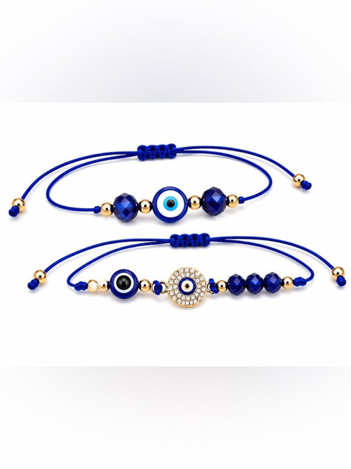 Cobalt Blue Evil Eye Adjustable Cord Bracelets Set Gold Tone Crystal Charm 2pcs - Sable & Red