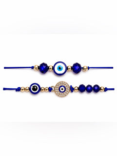 Cobalt Blue Evil Eye Adjustable Cord Bracelets Set Gold Tone Crystal Charm 2pcs - Sable & Red
