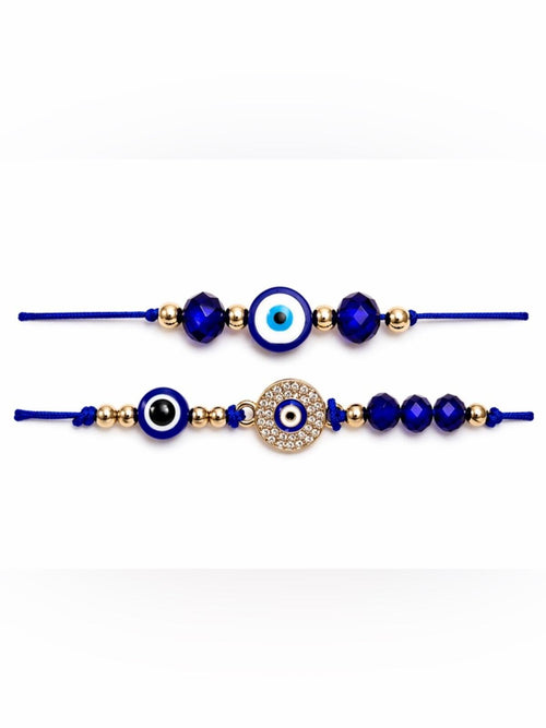 Cobalt Blue Evil Eye Adjustable Cord Bracelets Set Gold Tone Crystal Charm 2pcs - Sable & Red