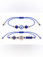 Cobalt Blue Evil Eye Adjustable Cord Bracelets Set Gold Tone Crystal Charm 2pcs - Sable & Red