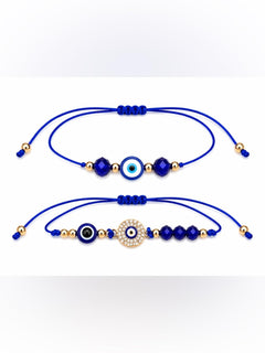 Cobalt Blue Evil Eye Adjustable Cord Bracelets Set Gold Tone Crystal Charm 2pcs - Sable & Red