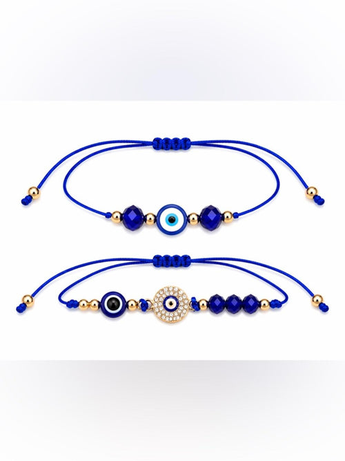 Cobalt Blue Evil Eye Adjustable Cord Bracelets Set Gold Tone Crystal Charm 2pcs - Sable & Red