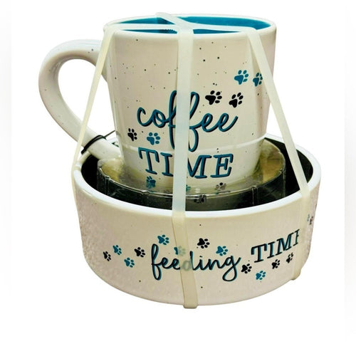 Coffee Time & Feeding Time Pet Mug Bowl Set NEW - Sable & Red