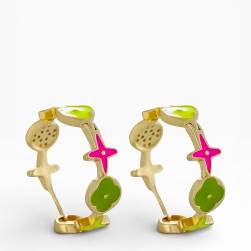 Color Blossom BB Star Hoop Earrings in Yellow Gold, Diamonds, and Colored Enamel - Sable & Red
