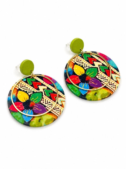 Colorful Boho Floral Disc Drop Earrings Gold Hoop Statement - Sable & Red