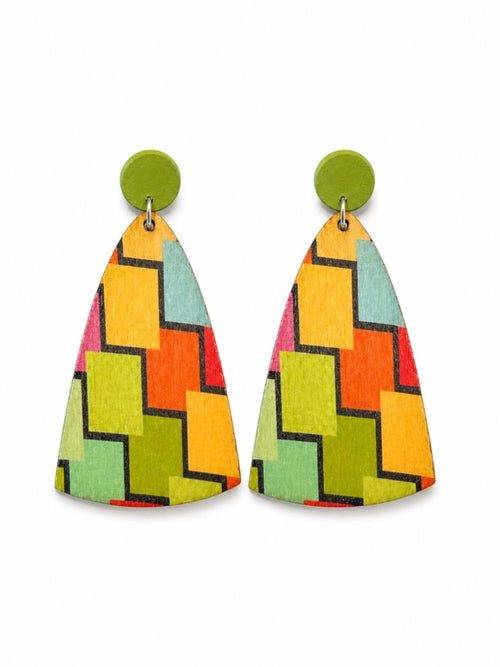 Colorful Geometric Wooden Drop Earrings Statement Boho - Sable & Red