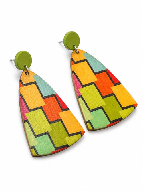 Colorful Geometric Wooden Drop Earrings Statement Boho - Sable & Red