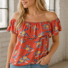 Coral Floral Off Shoulder Ruffle Top – The Marisol - Sable & Red