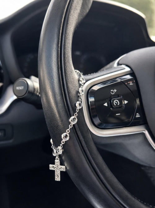 Crystal Beaded Steering Wheel Charm Cross Pendant Car Accessory - Sable & Red