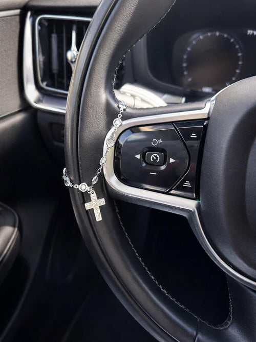 Crystal Beaded Steering Wheel Charm Cross Pendant Car Accessory - Sable & Red
