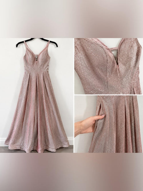 Crystal Doll Glitter Formal Gown Dress w/ Pockets Champagne Pink Prom - Sable & Red