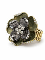 Crystal Floral Antique Statement Stretch Ring - Gold and Gunmetal - Sable & Red