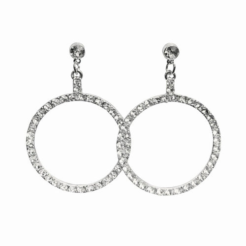 Crystal Pave Silver Hoop Drop Earrings 2” Dangle - Sable & Red