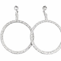 Crystal Pave Silver Hoop Drop Earrings 2” Dangle - Sable & Red