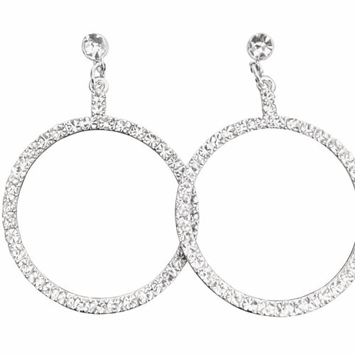 Crystal Pave Silver Hoop Drop Earrings 2” Dangle - Sable & Red