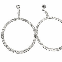 Crystal Pave Silver Hoop Drop Earrings 2” Dangle - Sable & Red