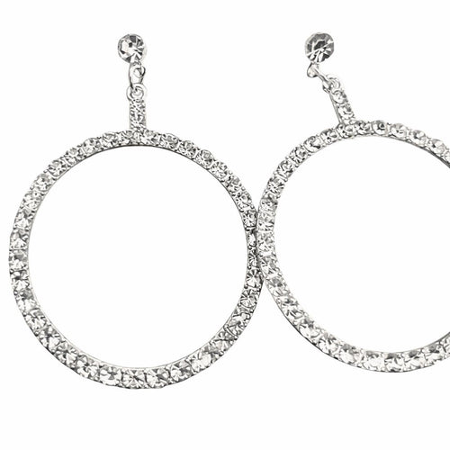 Crystal Pave Silver Hoop Drop Earrings 2” Dangle - Sable & Red