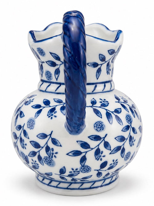Blue & White Floral Ceramic Pitcher Vase 7.5”