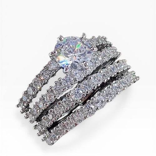 18k White Gold Finish Diamond Halo Engagement Ring Set - Silver