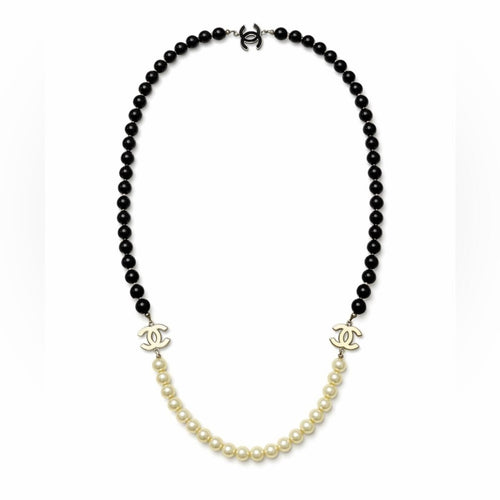 CHANEL CC Faux Pearl Black Bead Long Wrap Necklace Statement Vintage Style