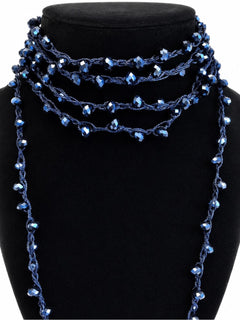 Dark Sapphire Blue Beaded Lariat Wrap Necklace 70” Luxe Statement - Sable & Red