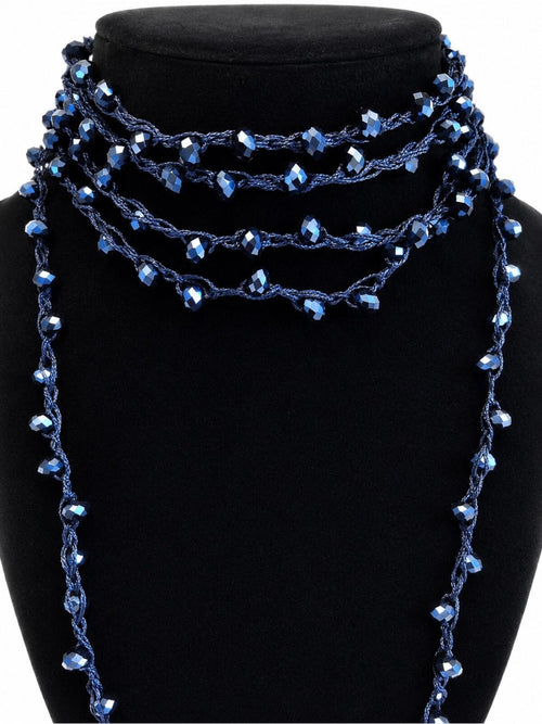 Dark Sapphire Blue Beaded Lariat Wrap Necklace 70” Luxe Statement - Sable & Red