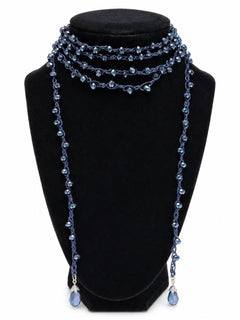 Dark Sapphire Blue Beaded Lariat Wrap Necklace 70” Luxe Statement - Sable & Red